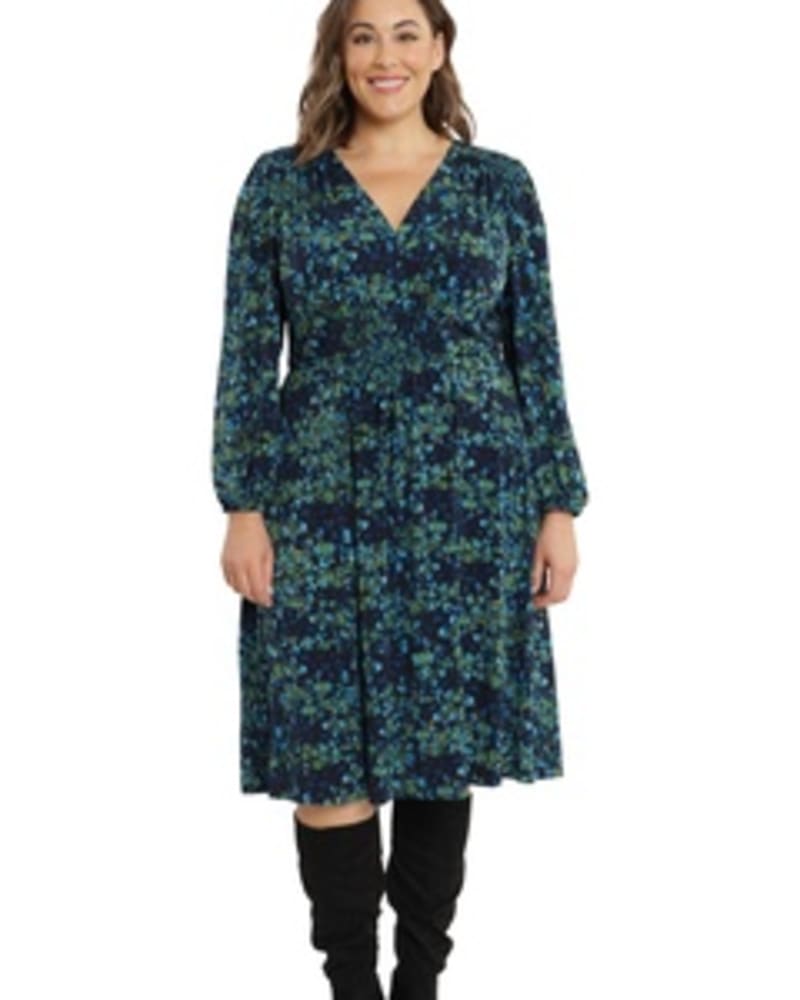 Front of a model wearing a size 0X Jolene Smock Waist Midi Dress in Navy/Blue by London Times. | dia_product_style_image_id:254914
